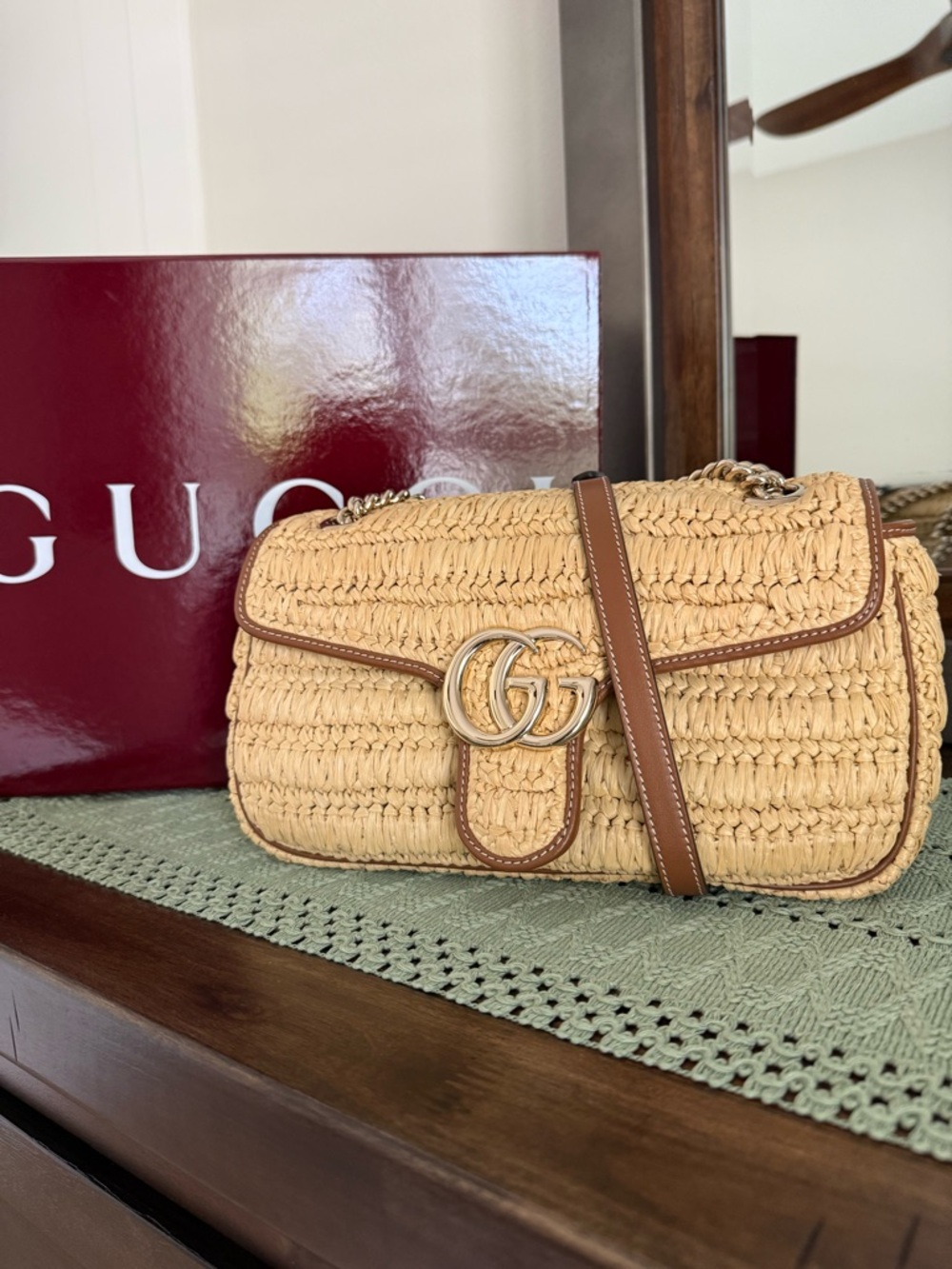 Gucci Beige Raffia Shoulder Bag with Brown Trim and Gold GG Hardware
